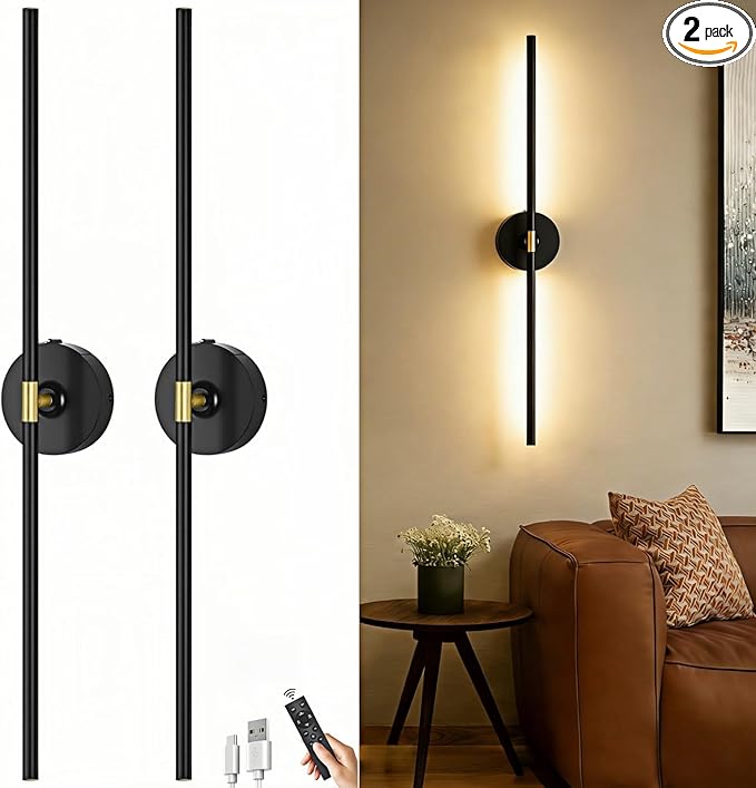 Battery Operated Wall Sconce Set of 2: 10000mAh Wireless Sconces Rechargeable Wall Lights with Touch and Remote, 360° Rotate Cordless Wall Lamp for Bedroom Living Room Hallway, 31.5 Inch, Black