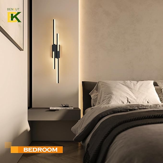 Benkut Modern LED Wall Sconce Black Remote Wall Light Fixtures for Bathroom, Dimmable Vanity Light Indoor LED Remote Wall Sconce for Living Dining Room Bedside Bedroom (3000-6500K 35.4inch)