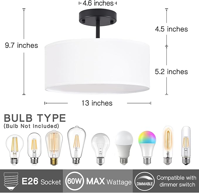 Bargeni Semi Flush Mount Ceiling Light,13 inch Modern 3-Light Ceiling Light Fixture,Black Semi Flush Mount Light Fixture,Flush Mount Lighting for Bedroom,Dinning Room and Hallway