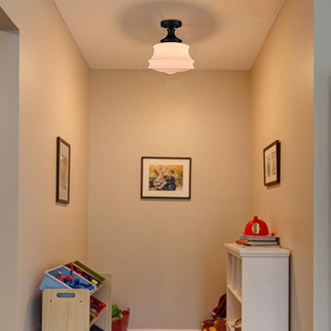 Black Schoolhouse Ceiling Light Milk Glass Semi Flush Mount Ceiling Light 11-Inch Modern Matte Black Schoolhouse Light Fixtures for Hallway Bedroom Bathroom Kitchen Foyer