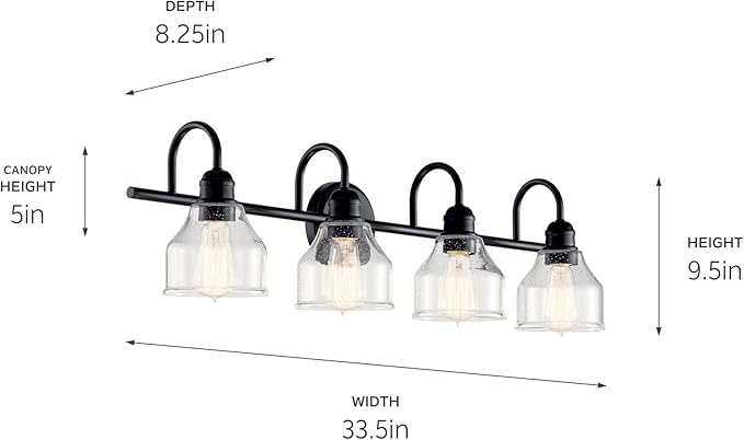 Kichler Avery 4-Light Bathroom Vanity Light Fixture with Clear Seeded Glass in Black, Industrial Farmhouse Wall Mount for Bathroom Mirror (33.5" x 9.5" x 8.25"), 45974BK