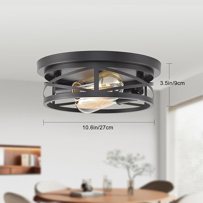 Black Flush Mount Ceiling Light,Hallway Light Ceiling Mount,Industrial Vintage Metal Cage Close to Ceiling Lights for Kitchen,Farmhouse,Bedroom