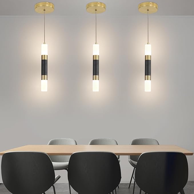 Modern Kitchen Island Pendant Light Fixtures, Black and Gold LED Ceiling Hanging Lights, 3 Color 2700K/4500K/6500K, Over Table Mini Linear Acrylic Pendant Lighting for Dining Room, Bedside, Bar