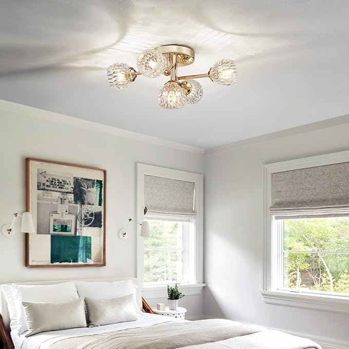 AGV LIGHTING Modern Ceiling Light, Sputnik Flush Mount Ceiling Light Fixture, G9 Base 5-Lights, D16 x H7, Clear Crystal & Shining Gold Finish Metal Frame