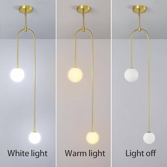 Modern Milk Glass Pendant Light 2 Light Mid Century Chandelier Small Glass Globe Gold Pendant Lights for Kitchen Island Bedroom Dining (Metal Tube Removable, 1 Pack)