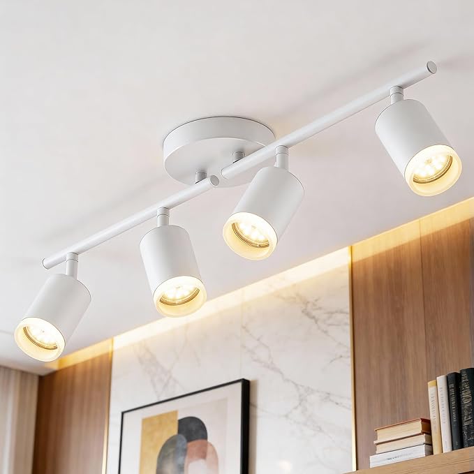 Bojim Track Lighting Fixtures Ceiling Mount for Kitchen, White 4 Way LED Spot Lights Indoor, Flexible Modern Track Light GU10 Socket for Studio, Bulbs Not Included