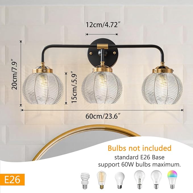 Bathroom Vanity Light fixtures 3 Light Glass Globe Wall Sconce Lights Black Wall Mount Light with Clear Glass Shade, Mid Century Modern Wall Sconce for Over Mirror Bedroom Hallway (3-Lights)