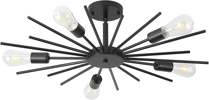 Black Semi Flush Mount Ceiling Light, 27.5 Inch 5-Light Large Sputnik Flush Mount Light Fixtures, Farmhouse Industrial Sloped Ceiling Lighting for Kitchen, Entryway, Bedroom, Living Room