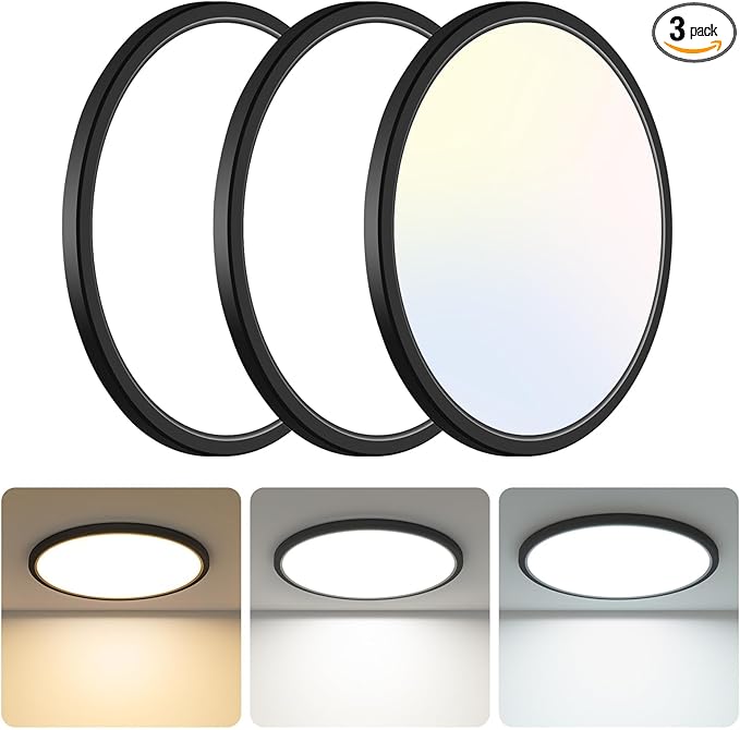 Libtit 13 Inch Black Flush Mount Ceiling Light - 3 Pack, 3200LM, Low-Profile LED Light Fixture for Bedroom, Kitchen, Living Room