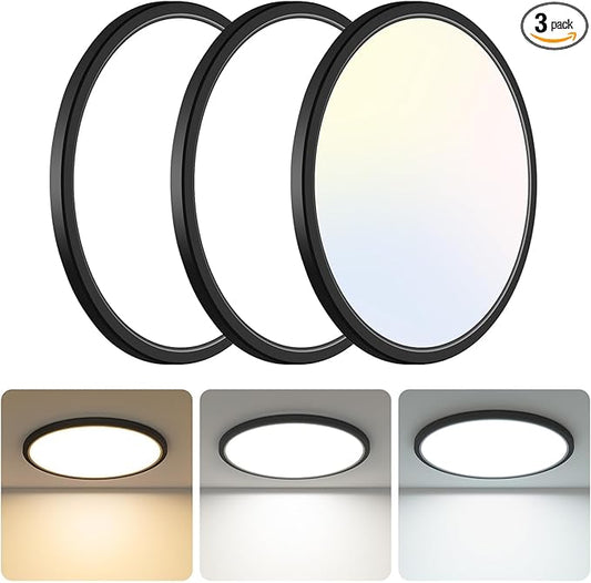 Libtit 13 Inch Black Flush Mount Ceiling Light - 3 Pack, 3200LM, Low-Profile LED Light Fixture for Bedroom, Kitchen, Living Room