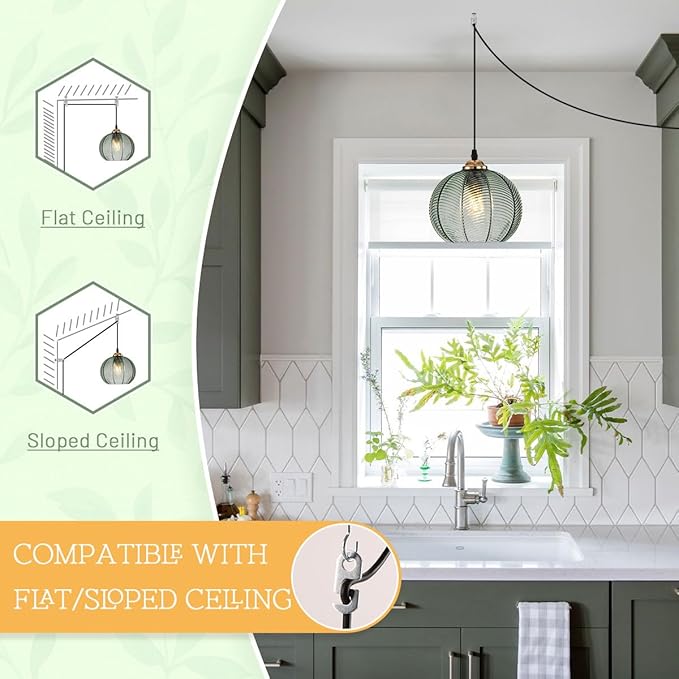 Plug in Hanging lamp 2 Pack,14.75ft Hanging Light with Plug in Cord Hand Blown Green Glass Pendant Lamp Globe Pendant Light Plug in Pendant Light for Kitchen Bedroom Living Dining Room