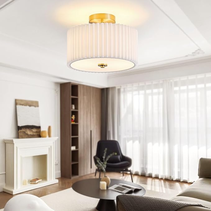 Semi Flush Mount Ceiling Light,12.6"Modern Close to Ceiling Light Fixture With White Fabric Shade,Light Fixtures Ceiling Mount Bedroom Ceiling Light for Bedroom Foyer Kitchen Living Room(Gold)