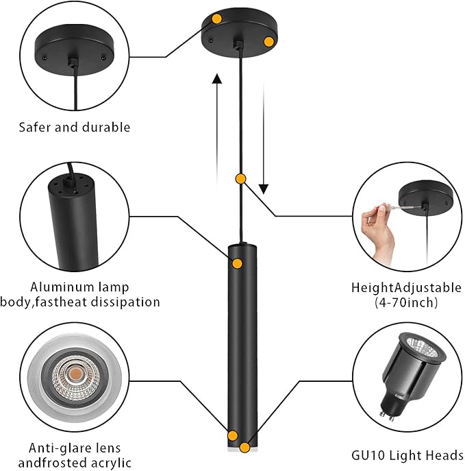Modern Black Pendant Light Fixture for Kitchen Island, 1-Light Pendant Lighting, Lights Cord Adjustable, Matching GU10 lamp Holder,for Living Room Bedroom Dining Room（Wide Beam Angle）(3 Pack)