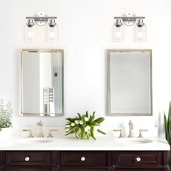 2-Light E26 Bathroom Light Fixtures, Modern Brushed Nickel Vanity Lights for Bathroom with Clear Glass Shade, Mirror Kitchen Hallway Cabinet Living Room Sconces Wall Lights