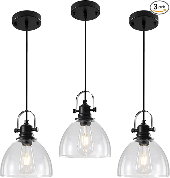 Kitchen Pendant Lighting Over Island 3 Pack, 7.5” Black Pendant Lights Kitchen Island, Farmhouse Glass Pendant Lights Kitchen Island, Industrial Pendant Light for Kitchen, Bedroom, Bathroom