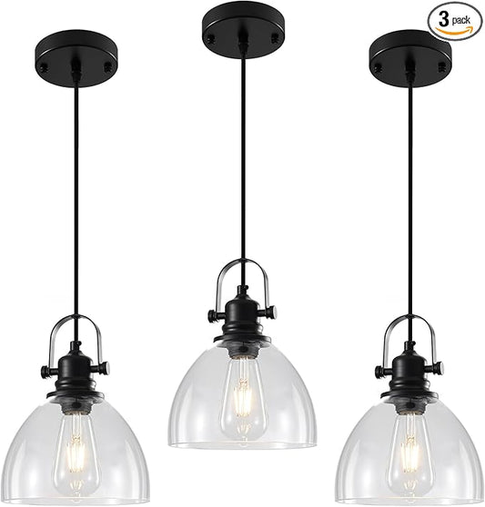 Kitchen Pendant Lighting Over Island 3 Pack, 7.5” Black Pendant Lights Kitchen Island, Farmhouse Glass Pendant Lights Kitchen Island, Industrial Pendant Light for Kitchen, Bedroom, Bathroom