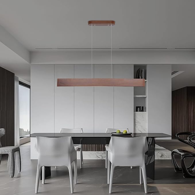 YISDESIGN 39.4" Wood Linear Pendant Light 24w Led Dimmable Dining Room Light Wood Kitchen Island Pendant Hanging Light for Kitchen Island Office Lights Walnut Color