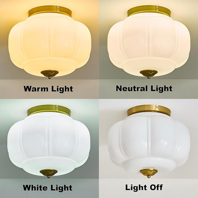 LIGHTLAND Milk Glass Ceiling Light, 15 Inch 3-Light Metal Glass Flush Mount Ceiling Light Fixture for Entryway, Hallway, Living Room, Bedroom (Style C, White)