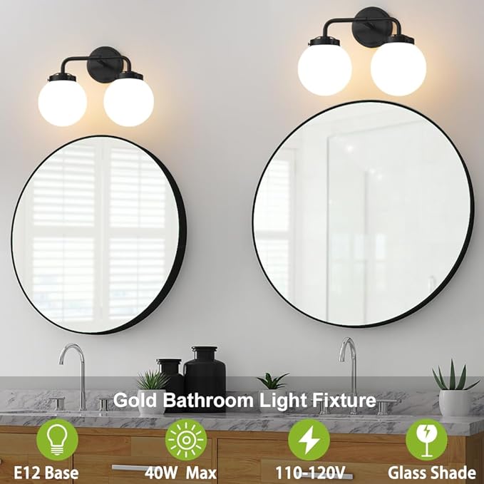 Black Bathroom Light Fixtures Over Mirror, Modern Vanity Lighting with Milk White Glass Globe Shades 2-Light Farmhouse Wall Sconce