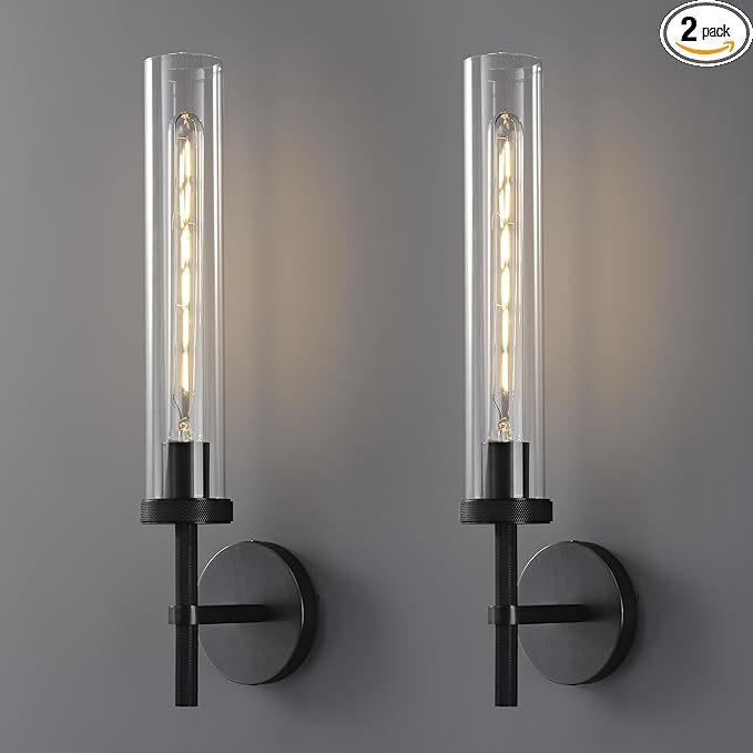 Bathroom Sconces Set of 2, 19.5" Black Cylinder Wall Sconces, Vanity Lights for Bathroom Mirror with E26 Bulbs Included