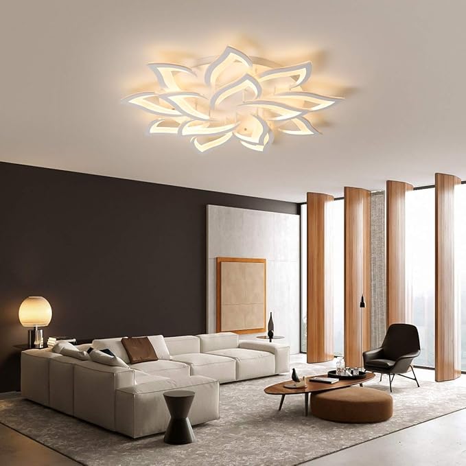 Garwam LED Dimmable Flower Shape Ceiling Light 14-Head Modern Petal Flush Mount Ceiling Lamp with Remote Control White Metal Acrylic Ceiling Chandelier Lighting for Living Room Bedroom Dining Room