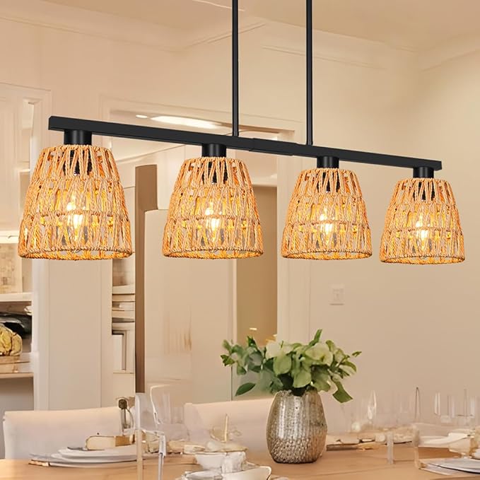 Black 4-Light Kitchen Island Lighting, Boho Rattan Dining Room Light Fixture, Farmhouse Island Light for Kitchen with Shade, Adjustable Linear Chandelier Pendant Lights Kitchen Island Over Bars, Table
