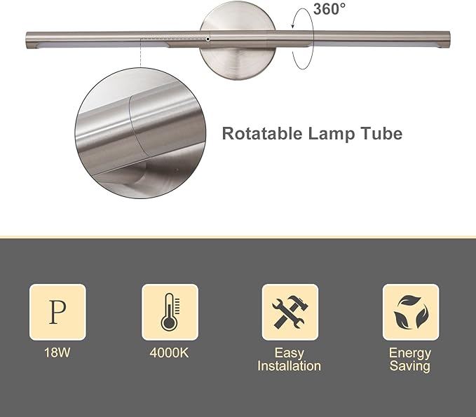 Brushed Nickel Bathroom Light Fixtures Over Mirror 24 Inch, 18W 360° Rotatable Dimmable 4000K LED Vanity Light Bar, Modern Vanity Lights Above Mirror, Led Bathroom Lighting