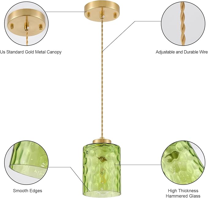 MWZ Gold Pendant Lights Kitchen Island 3 Pack, Modern Hanging Kitchen Pendant Lighting Over Sink with Green Hammered Glass Shade,Small Chandeliers Fixtures Adjustable Cord Hanging Lighting