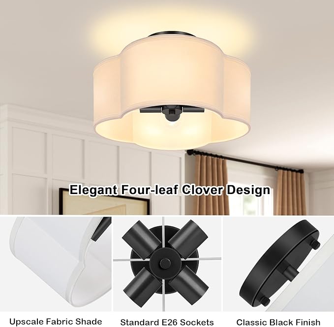 4-Light 14.4'' Semi Flush Mount Ceiling Light Fixture, Black Modern Close to Ceiling Lamp with White Fabric Shade, Farmhouse Bright Lighting for Nursery Kids Room Bedroom Hallway Entryway