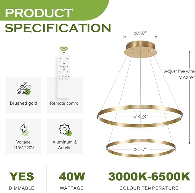 Benkut 2-Rings Modern LED Chandelier Gold for Dining Room, Circular Flush Mount Ceiling Chandelier Light Dimmable Pendant Light with Remote Control for Living Room Entrance Foyer, 3000K-6500K