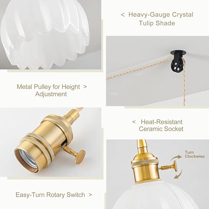 2 Pack Plug in Pendant Light Fixtures, Hanging Light Fixture Vintage Glass Pendant Light, Mini Milk White Tulip Hanging Lamp, Pendant Lighting for Kitchen Island, Bedroom, Dining Room, Living Room