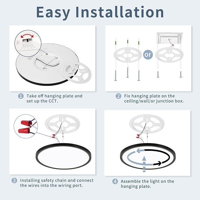 14.9 Inch 4PK LED Flush Mount Ceiling Light, ETL ,32W, 3343LM, 3000K/3500K/4000K/5000K/6500K CCT Selectable, 0.66in Ultra Thin Round Flat Panel Ceiling Light Fixture for Bedroom, Kitchen, (Black)