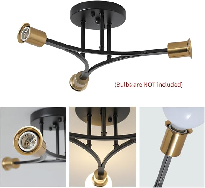 3-Lights Modern Sputnik Semi Flush Mount Ceiling Light Fixture Black and Gold,Mid Centur Sputnik Chandelier for Entryway,Hallway,Bedroom,Kitchen,Dining Room,Living Room(Bulbs Not Included)