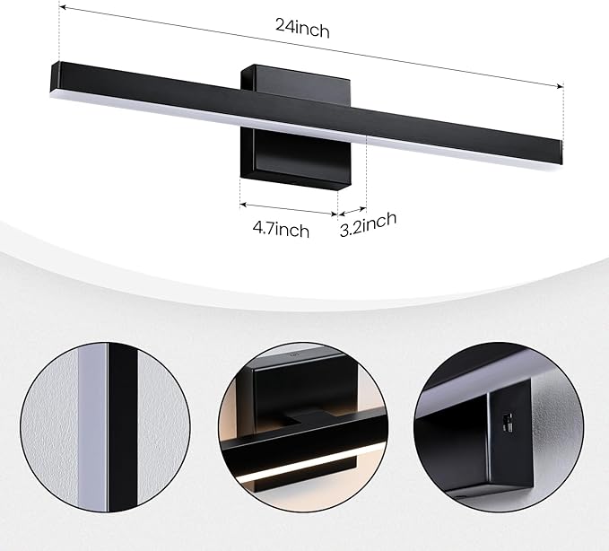 KAISITE Modern Black Bathroom Light - 24 inch Dimmable 5CCT LED Bar Vanity Light Over Mirror