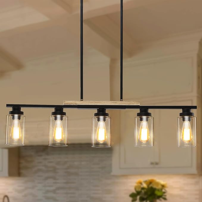 Yusist Farmhouse Kitchen Island Lighting,5-Light Dining Room Light Fixtures Over Table Linear Chandelier Pendant Lighting with Glass Shade and Adjustable Rods for Dining Table Living Room