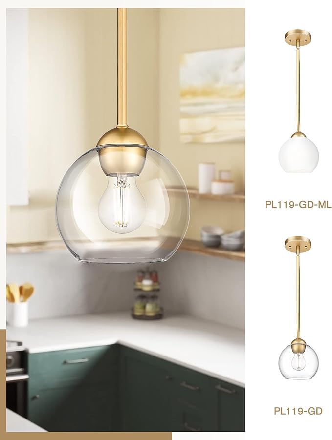 Emak Modern Gold Pendant Light Fixtures, 7 Inch Globe Pendant Lights with Clear Glass, 1 Light Hanging Lights for for Kitchen Island, Bathroom, Dining Room, Bedroom, Hallway, 2 Pack, PL119-GD-2PK