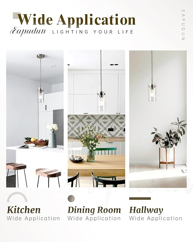 EAPUDUN Pendant Lights Kitchen Island (3 Pack), Clear Glass Shade Kitchen Lighting fixtures Ceiling Hanging, Black Pendant Lights for Kitchen Island,Dining Room,Corridor Bedroom E26 Base