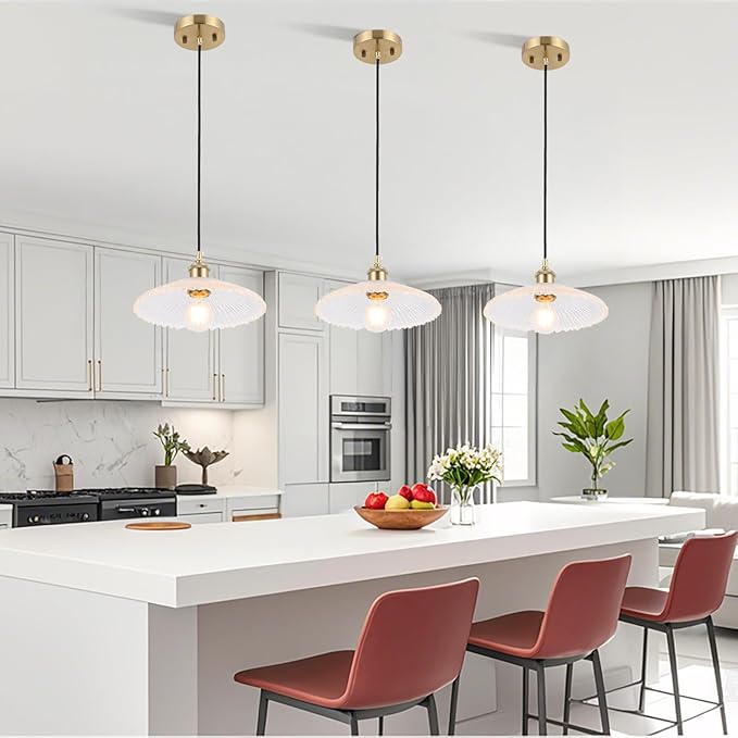 Modern Large Pendant Light 11 Inches Water Ripple Clear Glass Shades Brushed Brass Gold Hanging Lamp Farmhouse Adjustable Ceiling Hanging Lights Kitchen Island Dining Room Bedroom