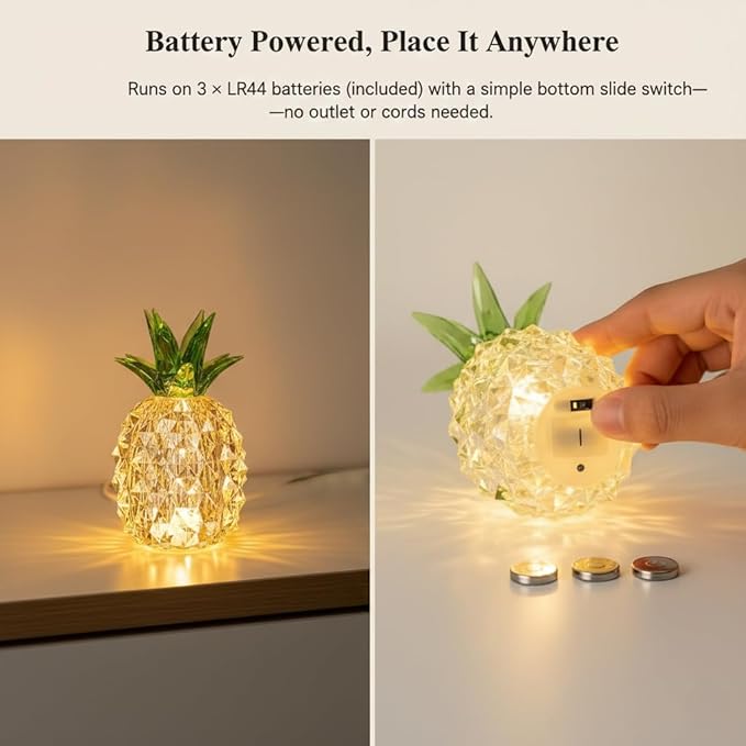 Pineapple Baby Night Light for Nursery, Battery Powered Pineapple Lamp for Home Living Room Bedroom Kitchen Office Decor, Crystal Tropical Decor Valentines Day Birthday Gifts for Him Her Kids Women