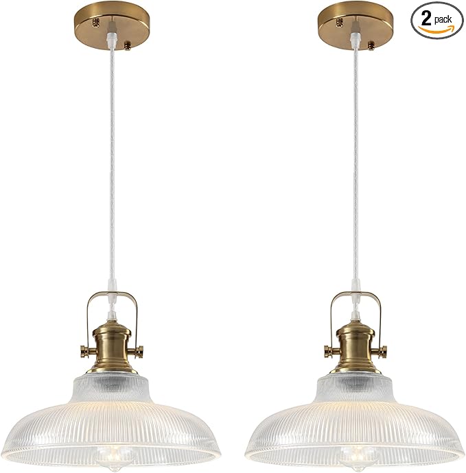 Gold Glass Pendant Lights Kitchen Island, 12in, Modern Kitchen Pendant Lights Fixture, Farmhouse Pendant Lighting for Dining Room Bedroom Bar Sink, 2 Pack