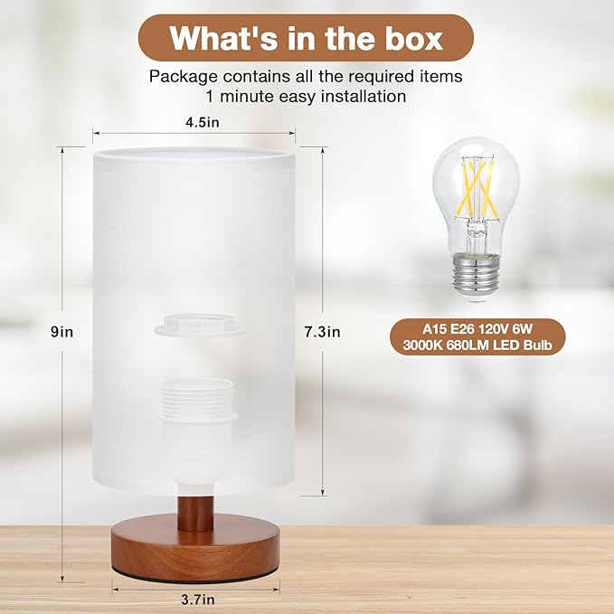 Fenmzee Small Table Lamp for Bedroom - Inline Control, Bedside Lamp with 3000K A15 LED Blub, Easy Assembly (White Shade - Walnut Base, 9" Inline Control)