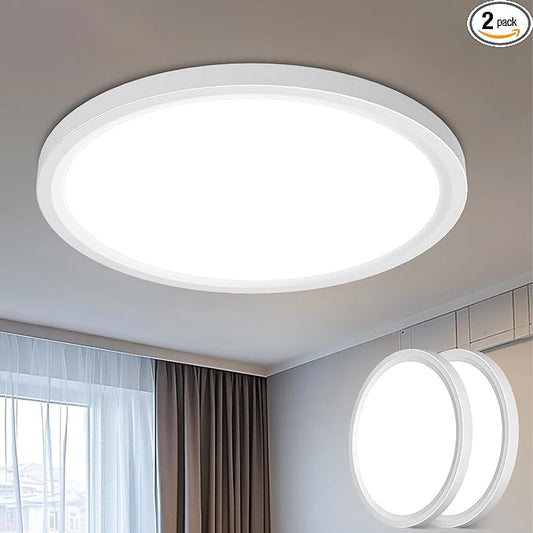 libtit 16Inch Flush Mount LED Ceiling Light Fixture, 3000K 4000K 6500K Adjustable, 36W 3600lm White Satin Round Ceiling Lamp for Bathroom Shower Hallway Kitchen, 2 Pack