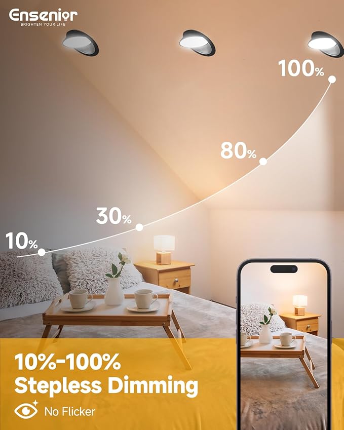 Ensenior 4 Pack 6 inch LED Eyeball Recessed Lighting, 360°+90° Rotatable and 2700K-5000K Selectable, CRI90+, Dimmable Gimbal Recessed Lights, 1300LM, 12W=115W-FCC, Black