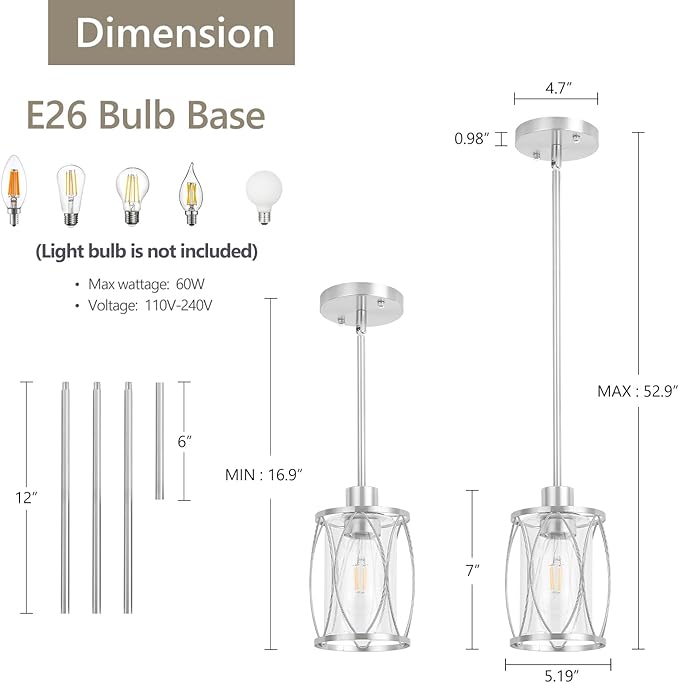 Glass Pendant Lights Kitchen Island Brushed Nickel Pendant Light Fixtures Adjustable Modern Mini Hanging Light with Clear Glass for Sink Dining Room Foyer Entryway Bar, 3 Pack