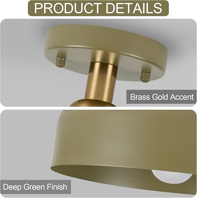 BISAMIYA Modern Semi Flush Mount Ceiling Light Fixture, 12.6" Metal Shade and Brass Accent Ceiling Light, for Entryway, Hallway, Dining Room, Storage Room, Cafe