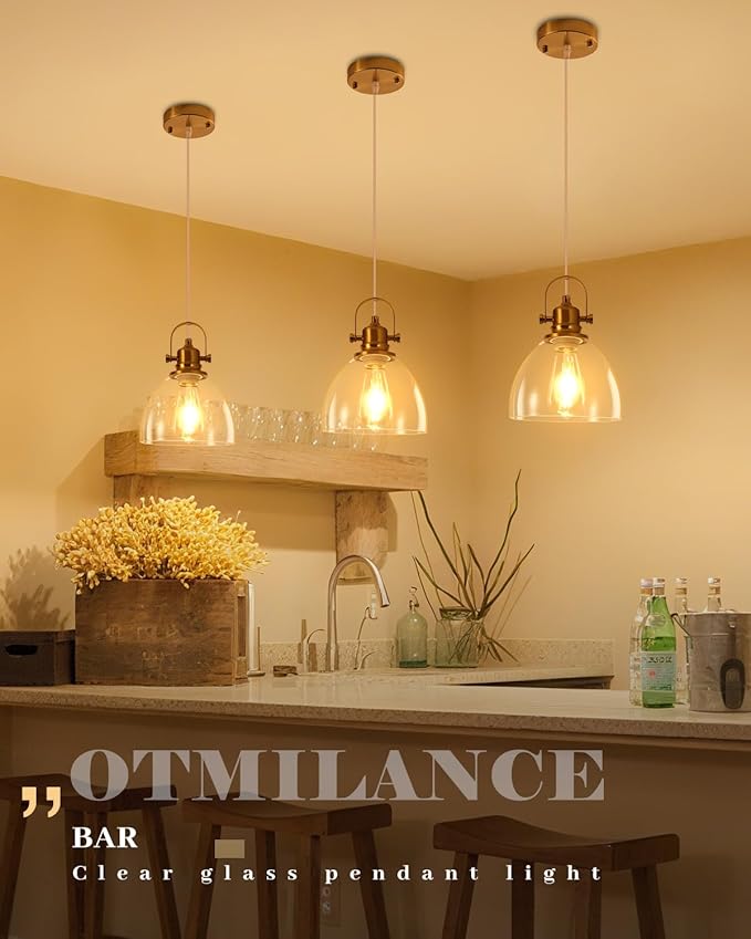 Gold Pendant Lights Kitchen Island 2 Pack, 7.5 inch Farmhouse Glass Pendant Lights, Vintage Gold Glass Pendant Light, Island Pendant Lights for Dining Rooms, Living Room, Bar