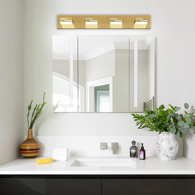 LED Modern Bathroom Vanity Light Fixtures, 4-Light 28-inch Dimmable Gold Vanity Lights for Bathroom Lighting Fixtures Over Mirror, with 360° Rotatable Heads (Cool White 6000K)
