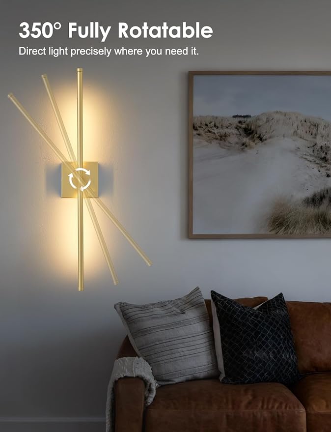 KARTOOSH 27.8 Inch Hardwired Wall Sconces Set of Two, 3000K Warm White Dimmable Modern Wall Sconces, 350° Rotate LED Light Fixtures Wall Lamp for Bathroom Living Room Bedroom Bedside, Gold