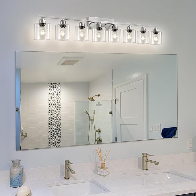 Modern Brushed Nickel 8 Light Bathroom Light Fixtures,52 inch Vanity Lights for Bathroom with Clear Glass for Mirror Kitchen Living Room Hallway Cabinet Porch