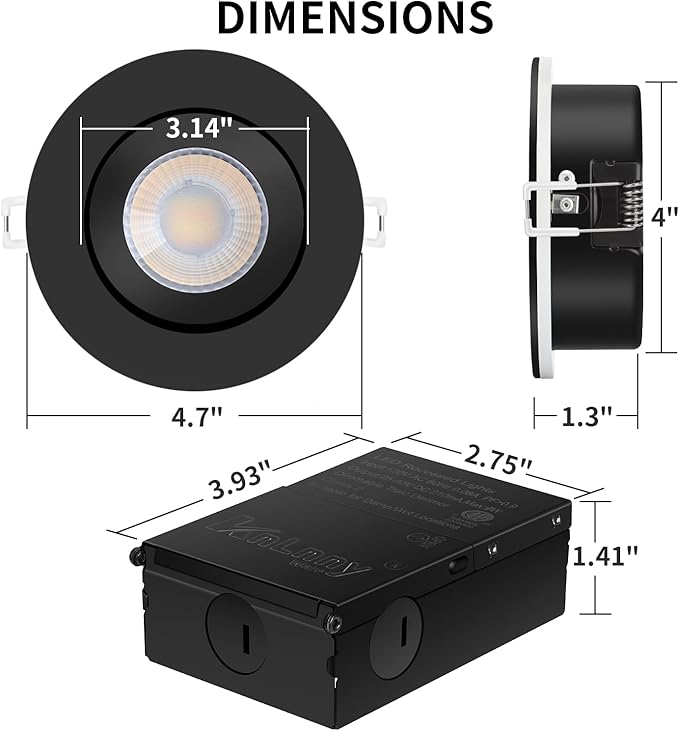 KnLnny Ware Black Gimbal recessed Lights 4 Inch with Night Light 6 Pack, Gimbal canless recessed Lights with Junction Box,9W 750LM,Dimmable,5CCT Selectable,Air Tight